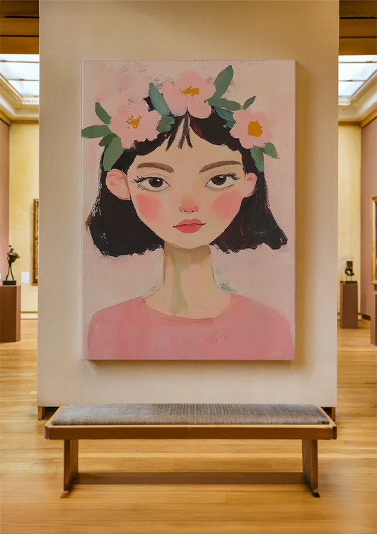Mädchen mit Blumen im Haar Leinwandbild an der Wand über dem Bett im Schlafzimmer