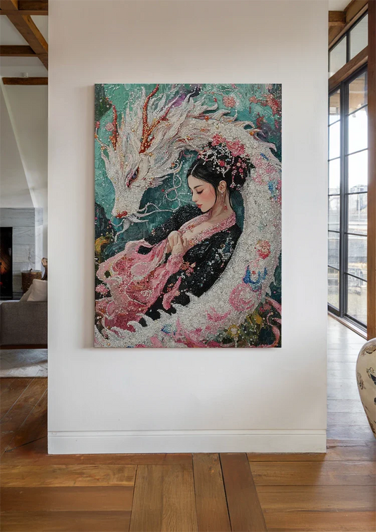 Japanische Frau mit weißem Drachen, Blumen Kimono Gemälde
