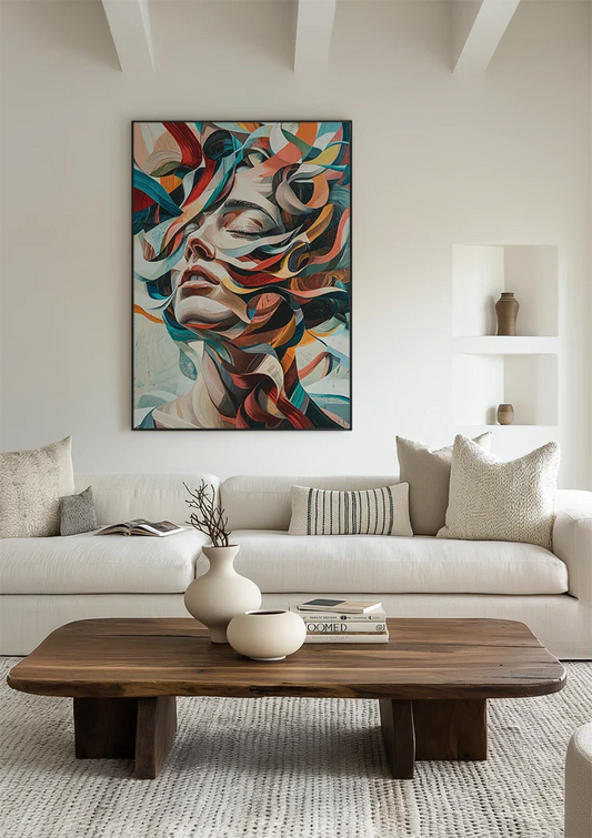 Abstract Vrouwenportret Met Kleurrijke Stromen Expressionistisch Canvas Schilderij