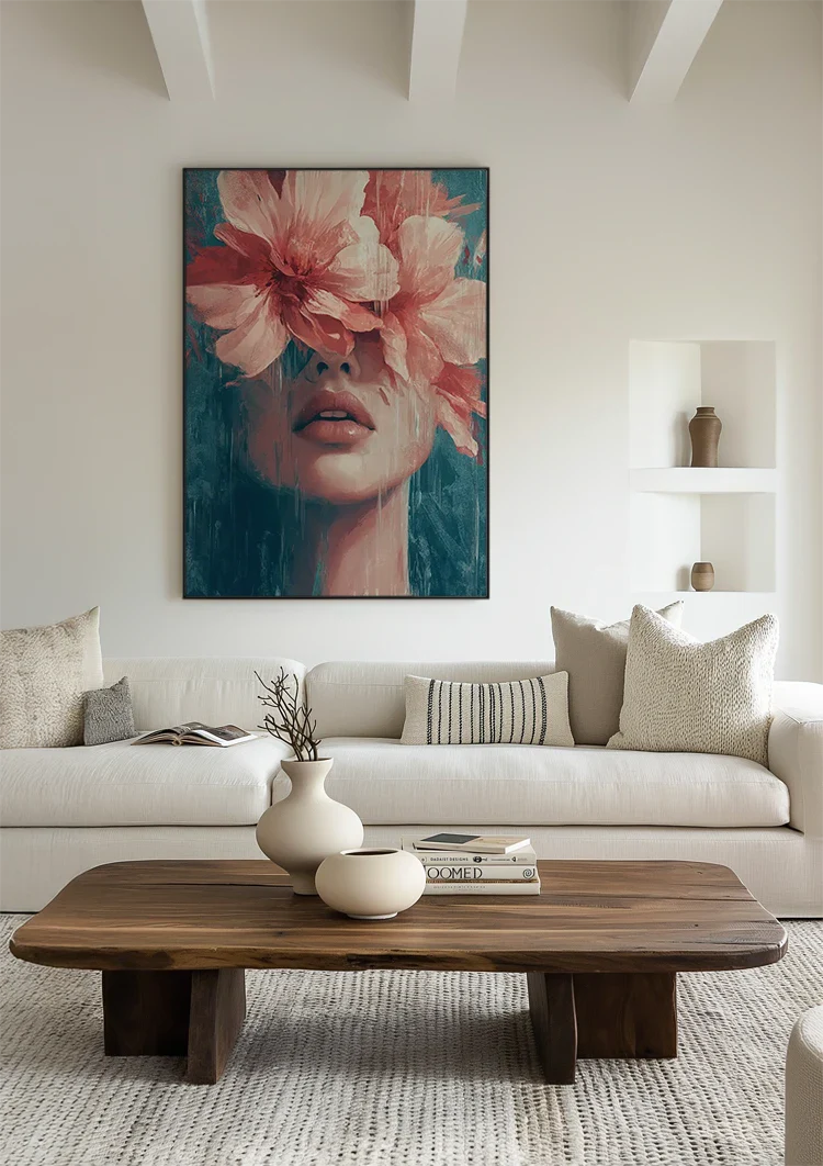 Frau mit rosa Blumen Türkis Hintergrund Porträt Leinwandbild