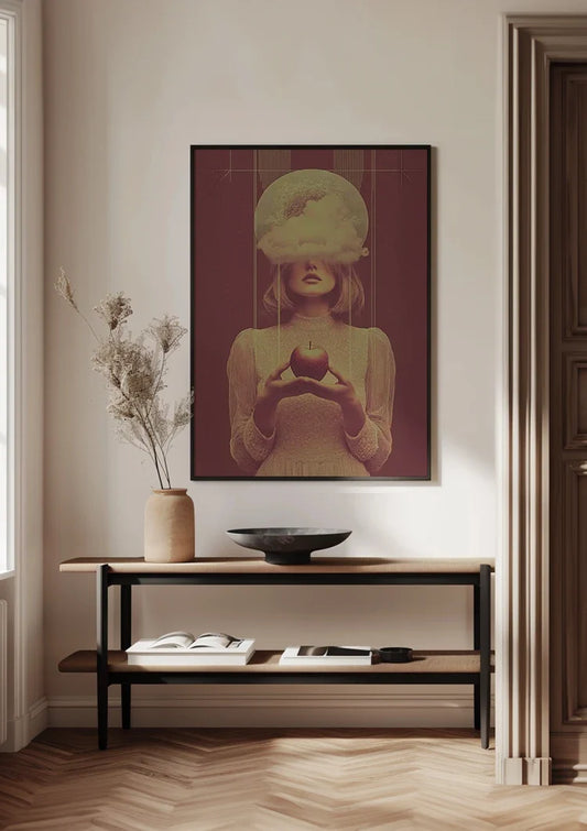 Surrealistisch Vrouwenportret Met Wolk En Rode Appel Vintage Canvas Schilderij