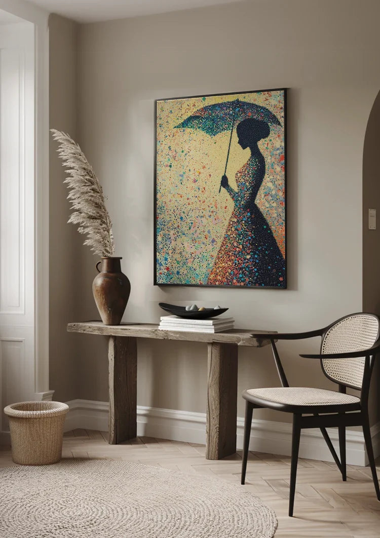 Woman with Umbrella Colorful Raindrops Silhouette Canvas Painting