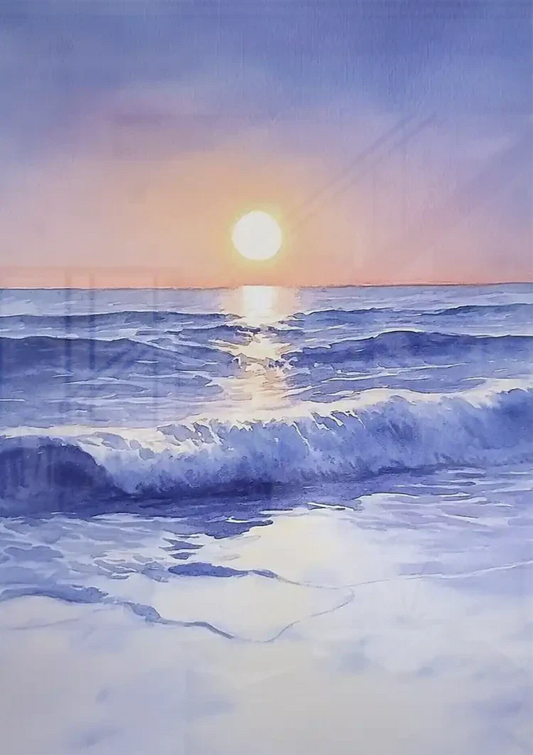 Aquarel Strand Met Golven Bij Zonsondergang Zachte Pasteltinten Canvas Schilderij
