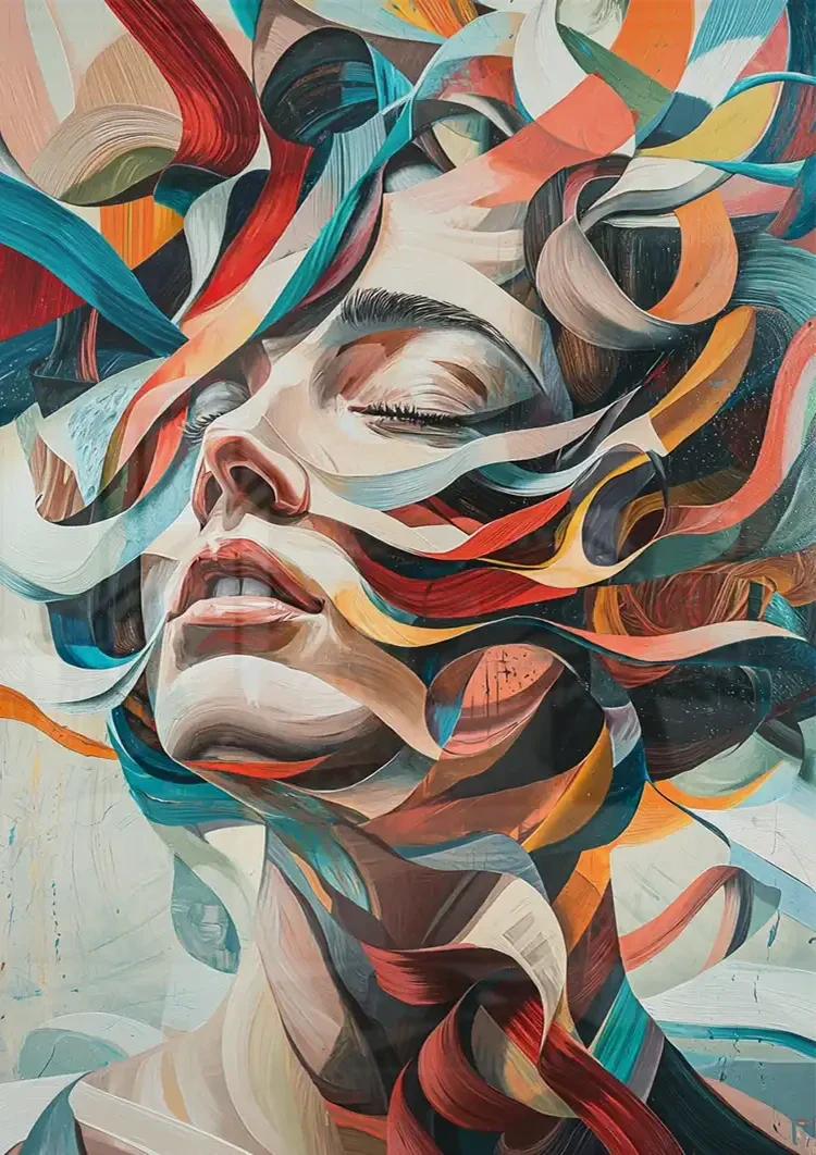Abstract Female Portrait With Colorful Flows Expressionistic Canvas Painting