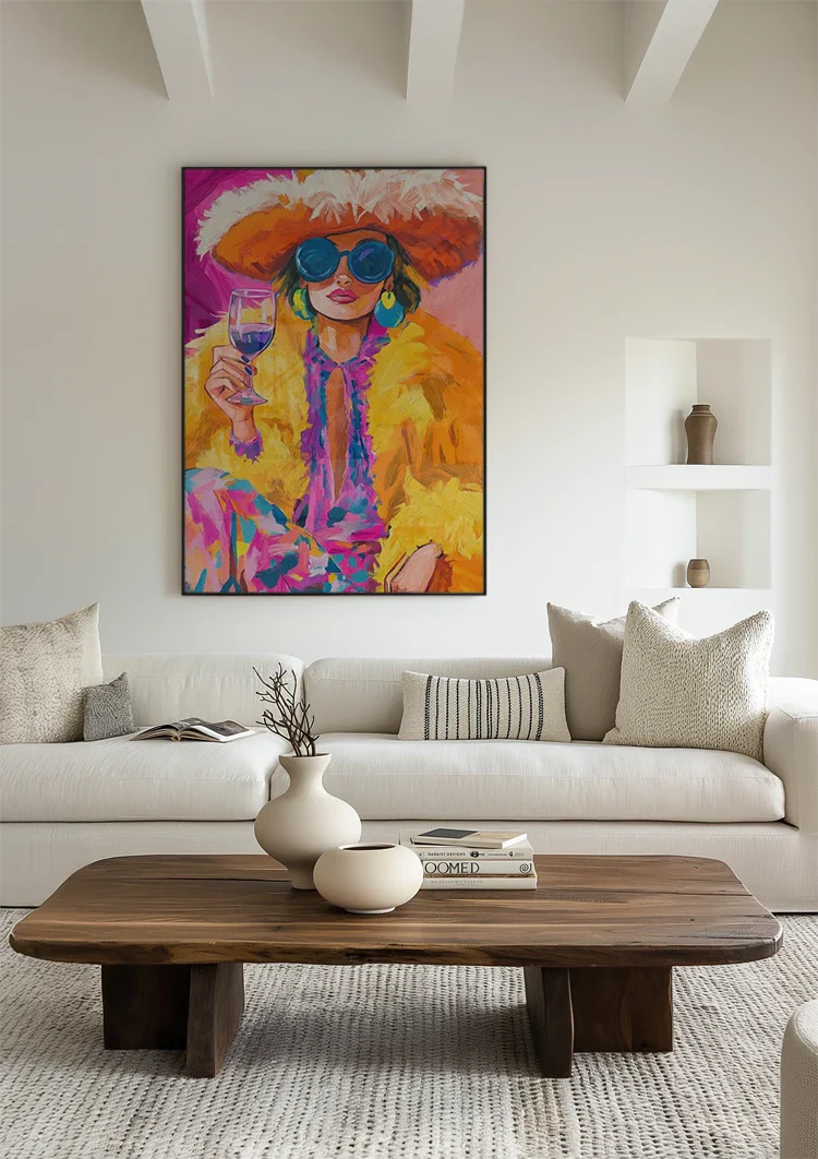 Extravagant Woman Feather Hat Sunglasses Yellow Fur Coat Wine Glass Colorful Painting