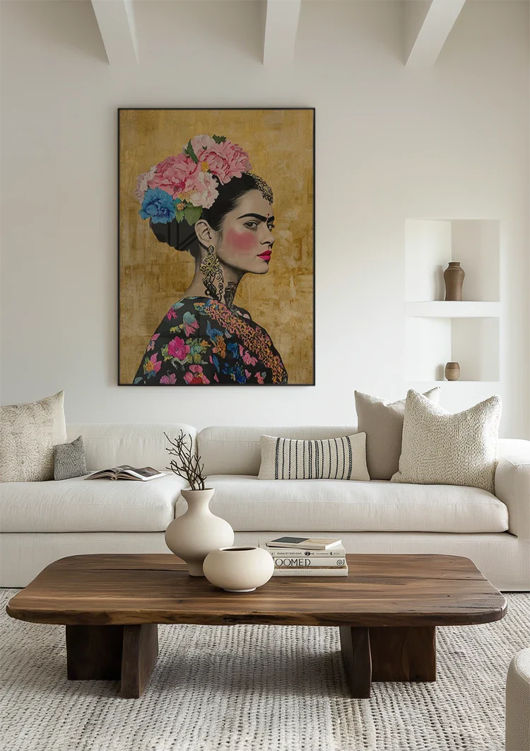 Vrouwenportret Zijprofiel Met Kleurrijke Bloemen Gouden Achtergrond Schilderij