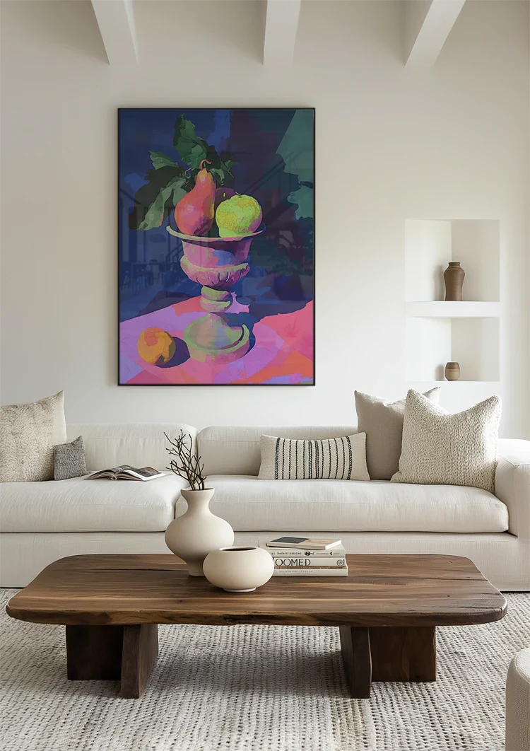 Neon Still Life with Pear and Apple in Classic Vase Painting