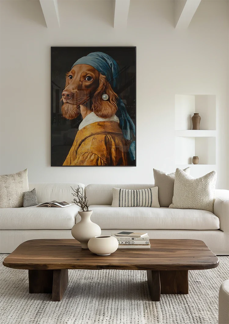 Hund mit Perle im Vermeer-Stil Blaues Kopftuch Lustiges Porträtgemälde