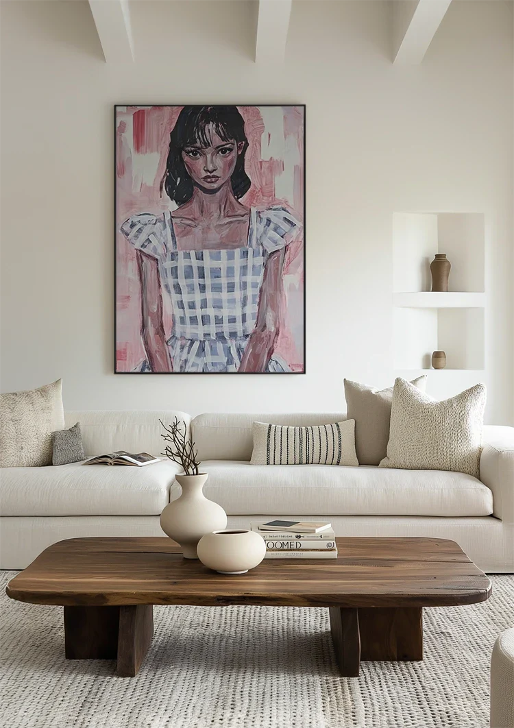 Girl in Blue Plaid Dress Pink Background Portrait Painting