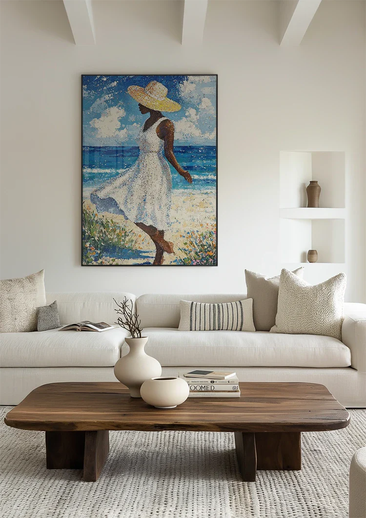 Woman White Dress Straw Hat Beach Blue Sea Abstract Painting