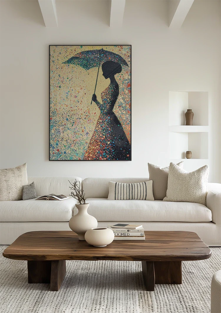 Woman with Umbrella Colorful Raindrops Silhouette Painting