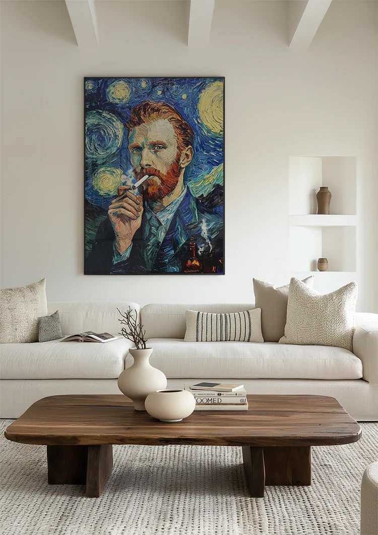 Rokende Man Sterrennacht Stijl Blauw Geel Portret Schilderij