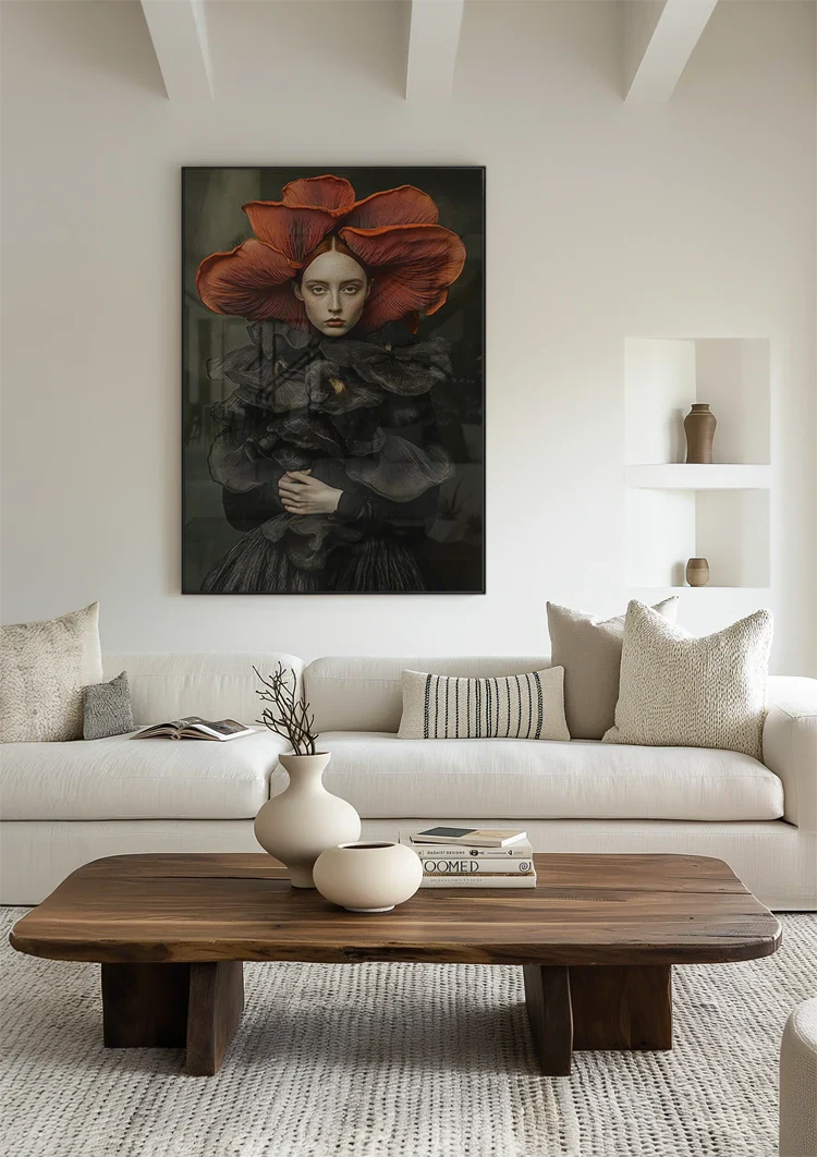 Woman Big Red Flower Hat Black Dress Surreal Portrait Painting