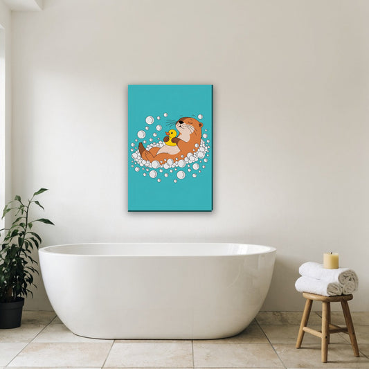 Otter in bubbelbad canvas schilderij aan de muur in de badkamer boven het bad