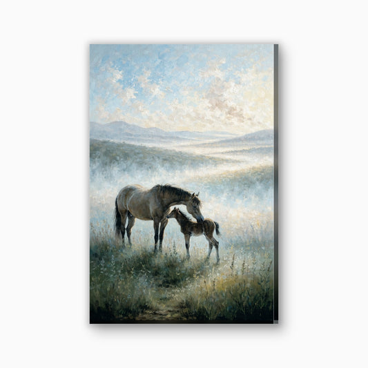 Paard en veulen in ochtendmist canvas schilderij in zachtbruin en goudroze
