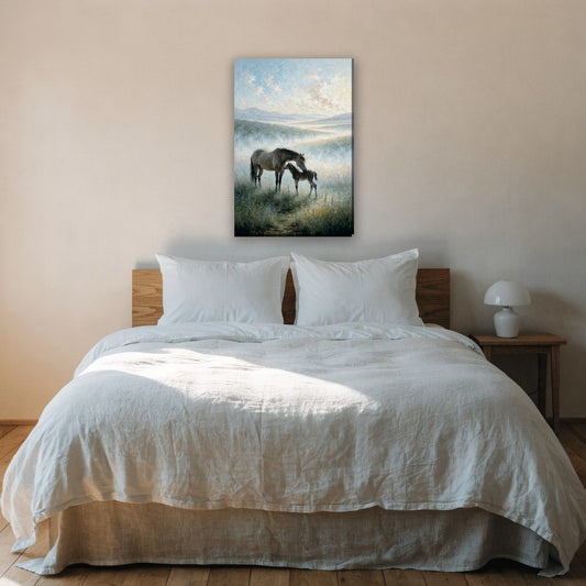 Paard en veulen in ochtendmist canvas schilderij aan de muur boven het bed in de slaapkamer