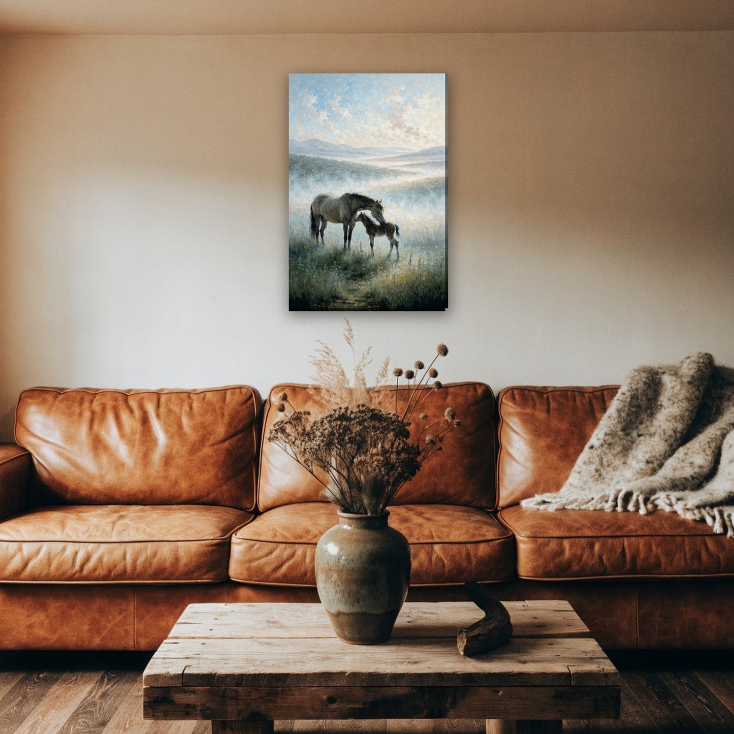 Paard en veulen in ochtendmist canvas schilderij aan de muur boven de bank in een landelijke woonkamer