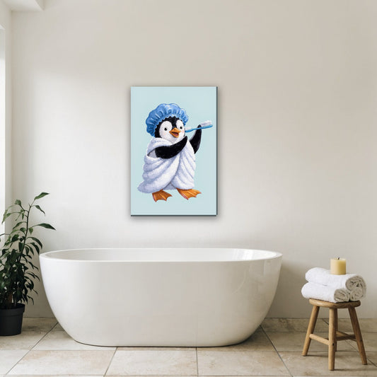 Pinguin met handdoek canvas schilderij aan de muur in de badkamer boven het bad