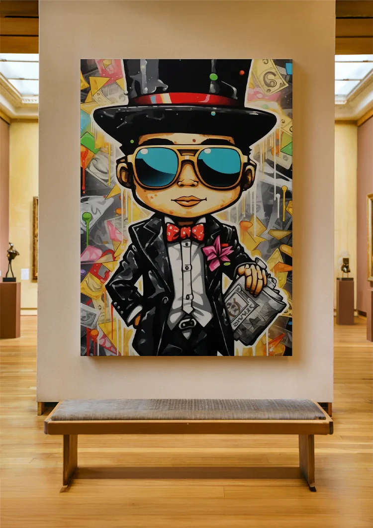 Deftiger Herr Schwarzer Anzug Zylinder Sonnenbrille Zeitung Pop Art Leinwandbild