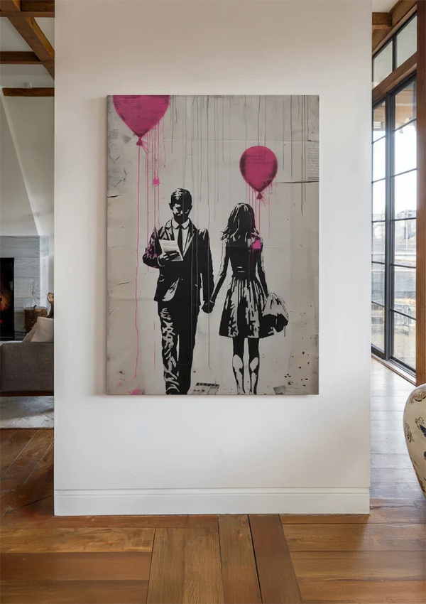 Man and Woman with Pink Balloons Graffiti Street Art Painting