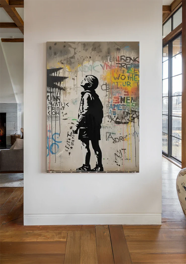 Boy by Graffiti Wall with Colorful Word Painting