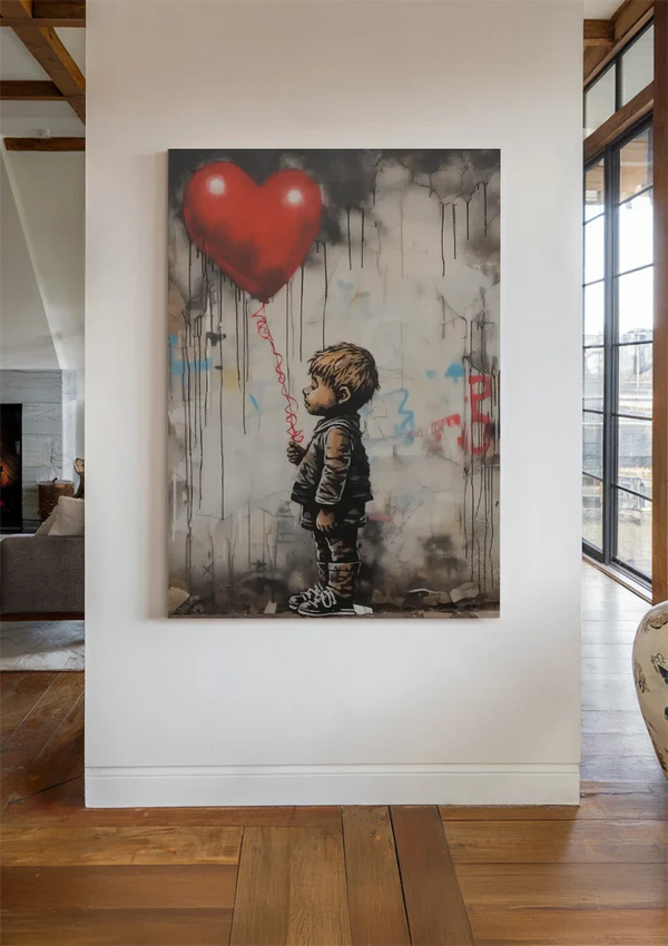 Boy with Red Heart Balloon Banksy Style Realistic Painting