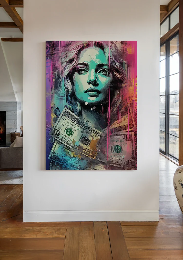 Frau mit Dollarnoten Buntes Pop-Art Leinwandbild