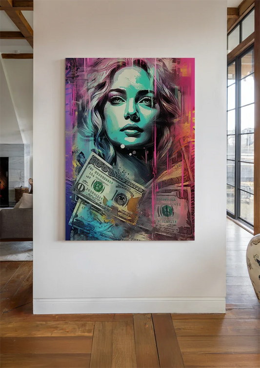 Frau mit Dollarnoten Buntes Pop-Art-Gemälde