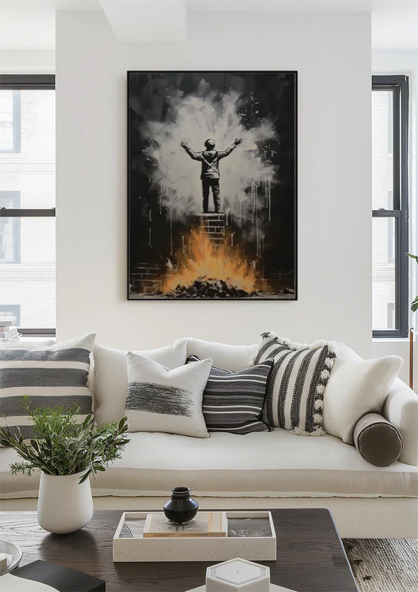 Figure on Ladder with Arms Up Over Flames Street Art Painting