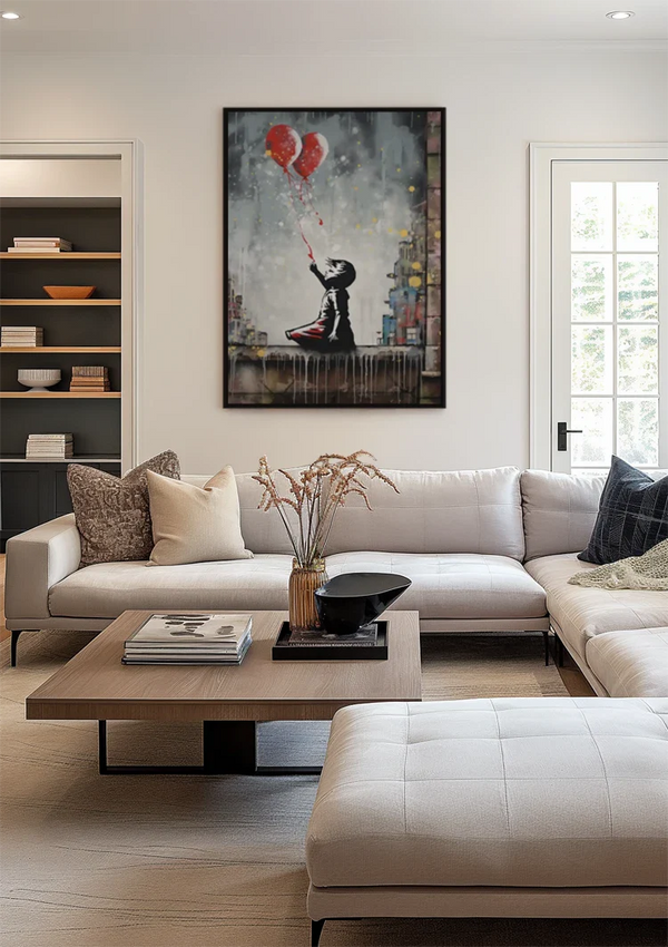 Child with Two Red Heart Balloons Banksy Style Painting