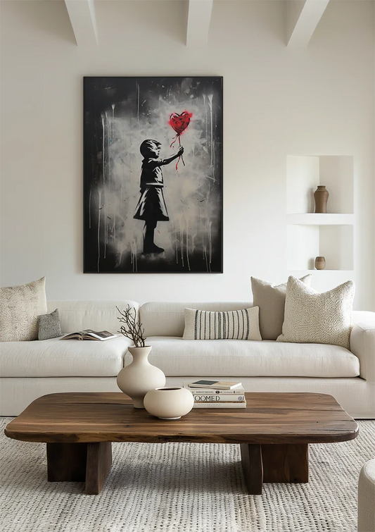 Meisje Reikt naar Rode Hartballon Straatkunst Canvas Schilderij