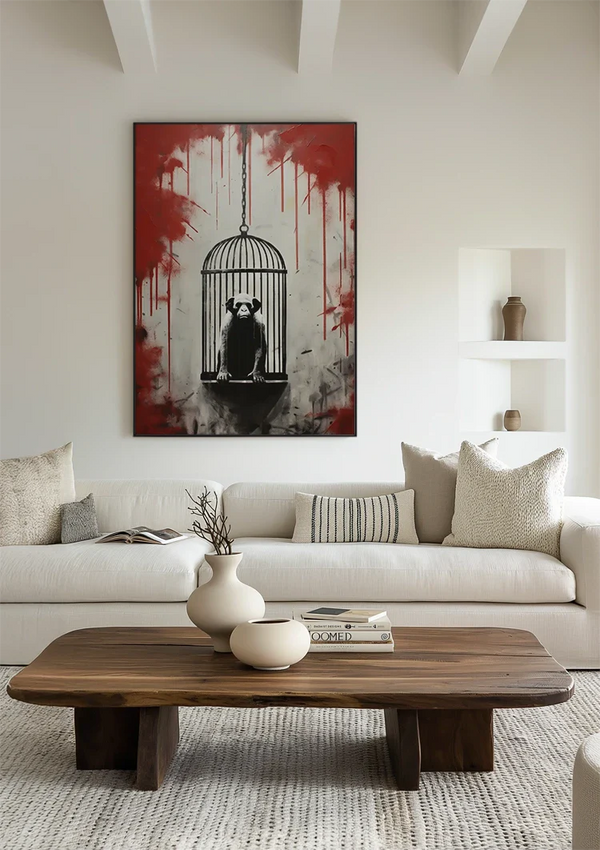 Monkey in Hanging Cage with Red Paint Drips Street Art Painting