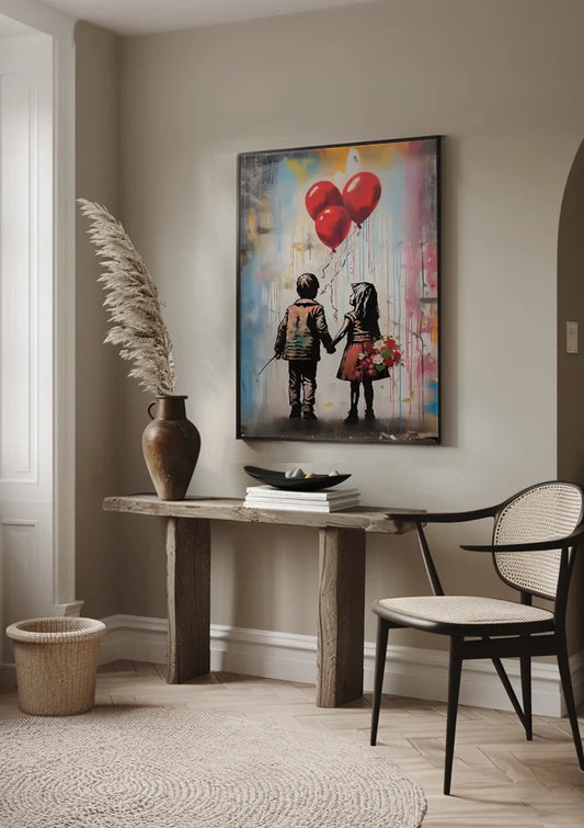 Two Children Hand in Hand Red Heart Balloons Street Art Painting