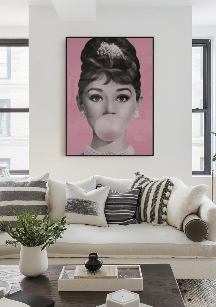 Roze Kauwgom Dame Elegante Haaropsteekkap Pop Art Portret Schilderij