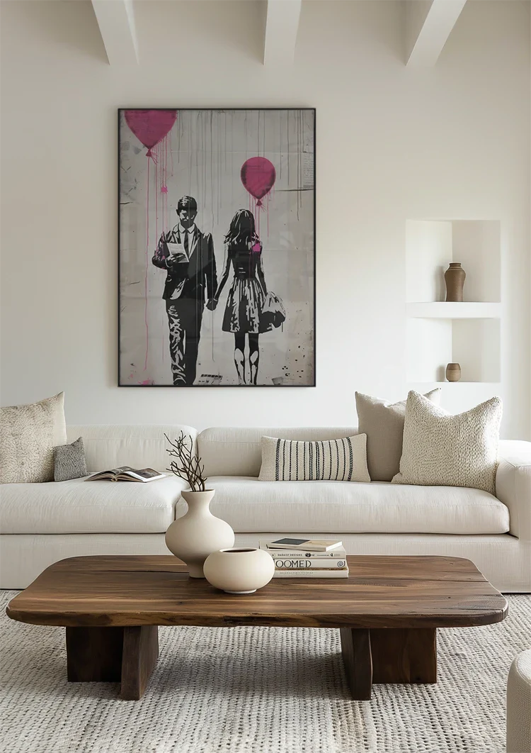 Man and Woman with Pink Balloons Graffiti Street Art Painting