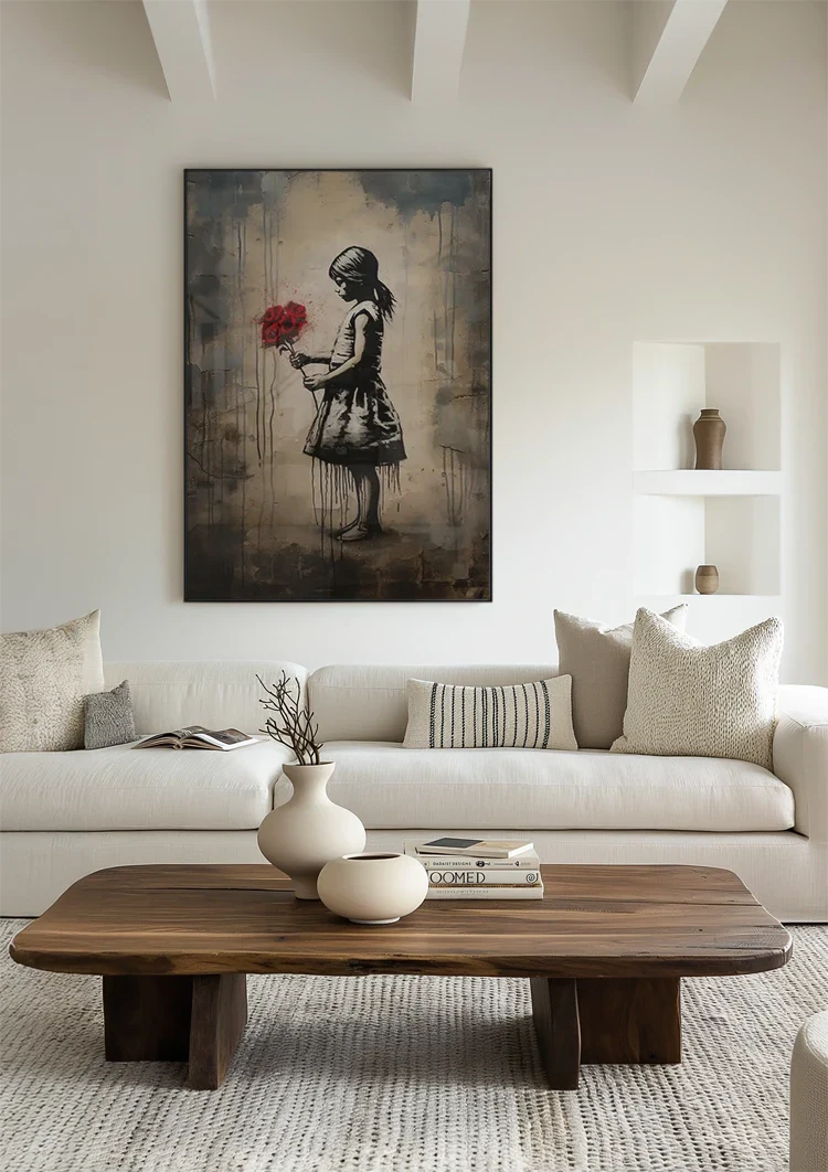 Girl Silhouette with Red Bouquet Street Art Style Painting