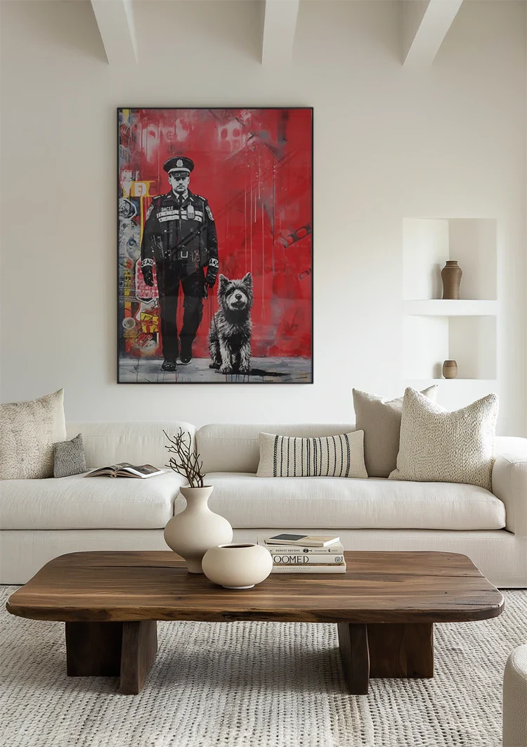 Policeman with Dog Red Graffiti Street Art Painting