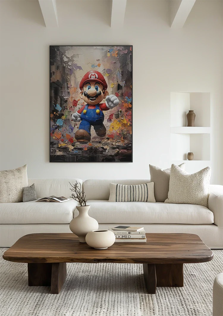 Kleurrijk Retro Gamefiguur Rode Pet Blauwe Overall Schilderij