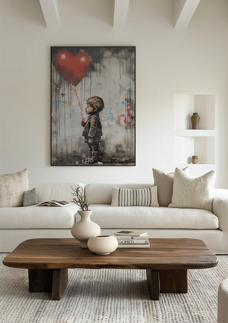 Boy with Red Heart Balloon Banksy Style Realistic Painting