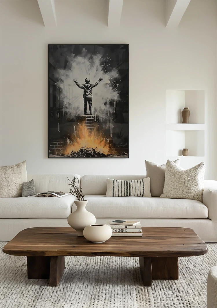 Figure on Ladder with Arms Up Over Flames Street Art Painting