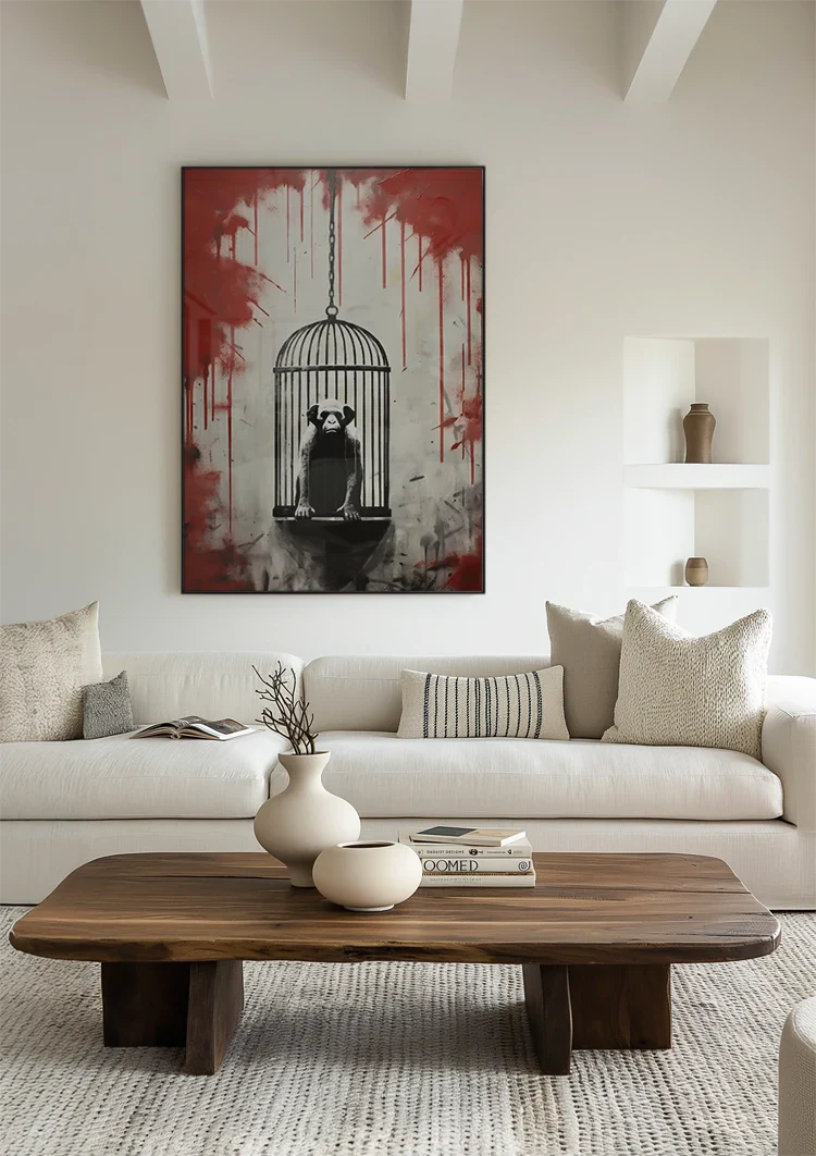 Monkey in Hanging Cage with Red Paint Drips Street Art Painting