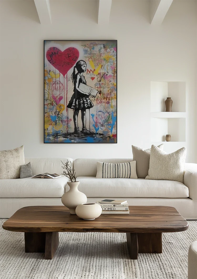 Girl with Red Heart Balloon on Colorful Graffiti Background Painting