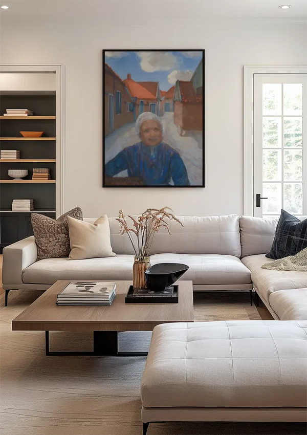 Elderly Woman in Village Street Red Roofs Blue Sky Painting