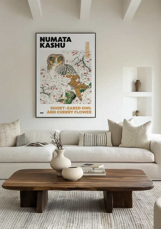 Kashu Velduil Kersenbloesem Tak Japanse Houtsnede Canvas Schilderij