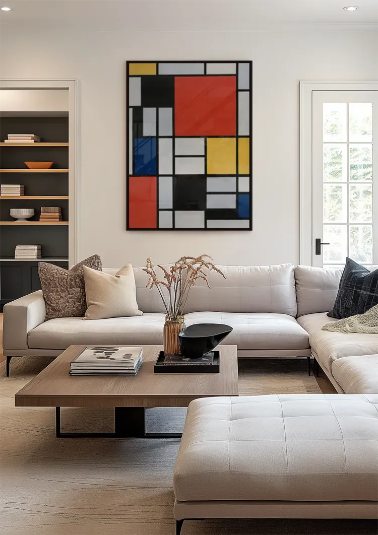 Mondriaan Stijl Geometrisch Primaire Kleuren Zwart Raster Abstract Modernistisch Schilderij