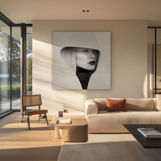 Futuristisch vrouwenportret canvas schilderij aan de muur boven het bed in de slaapkamer