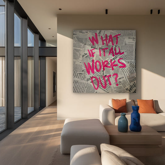 Pink text on newspaper canvas painting on the wall above the bed in the bedroom