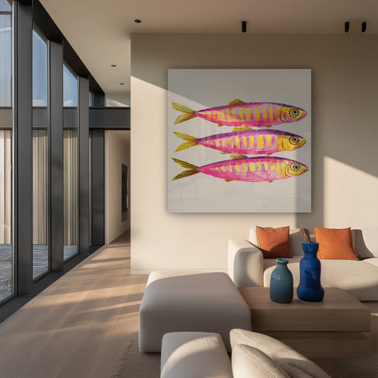 Makrelen in roze en geel canvas schilderij boven het bed in de slaapkamer.