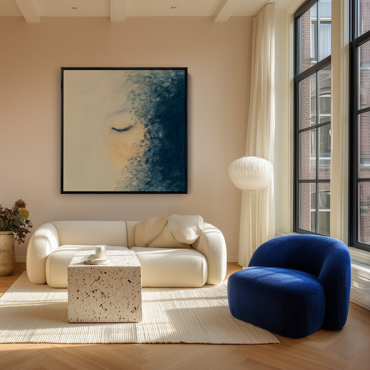 Female Face Closed Eyes Dark Blue Expressionist Painting