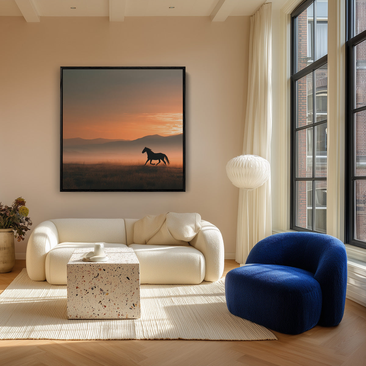 Galopperende Paard Zonsondergang Mistig Berglandschap Schilderij